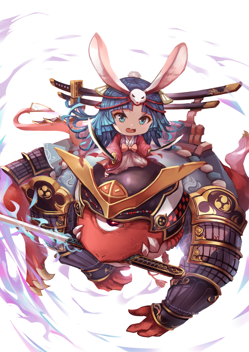 1girl 1other absurdres alternate_costume animal_ears armor blue_eyes blue_hair bow bunny_girl claws dual_wielding fangs fighting_stance frog full_body gauntlets glowing glowing_eye hair_ornament helmet highres holding holding_sword holding_weapon japanese_armor japanese_clothes katana kimono long_hair long_sleeves looking_at_viewer one-eyed onmyoji open_mouth pink_kimono rabbit_ears red_skin shoulder_armor simple_background standing sword tail weapon white_background wide_sleeves yamausagi yougen_kitsune youkai