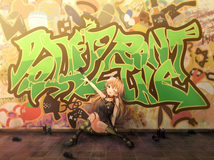 1girl blonde_hair choker eyebrows_visible_through_hair girls_frontline graffiti green_eyes highres huge_filesize jewelry long_hair looking_at_viewer mage_(335656) necklace one_eye_closed open_mouth paint_splatter rfb_(girls_frontline) sitting solo spray_can spray_paint