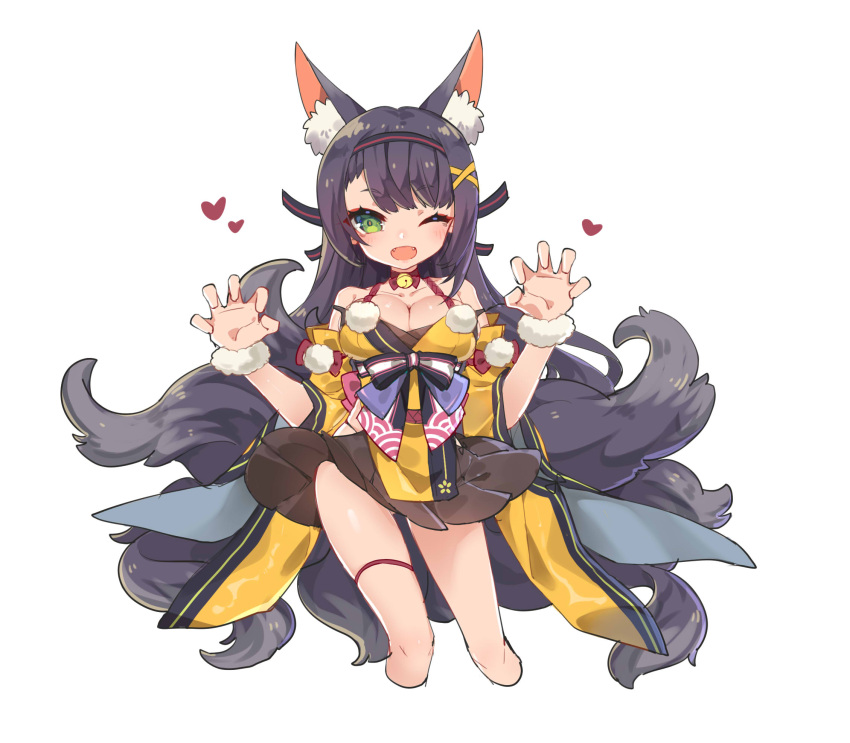 1girl ;d animal_ear_fluff animal_ears bell black_hair black_skirt blush breasts cleavage fangs fox_ears fox_tail green_eyes hair_ornament hairband highres ibex jingle_bell long_hair looking_at_viewer medium_breasts one_eye_closed open_mouth original paw_pose pom_pom_(clothes) skirt smile tail white_background wide_sleeves wristband x_hair_ornament