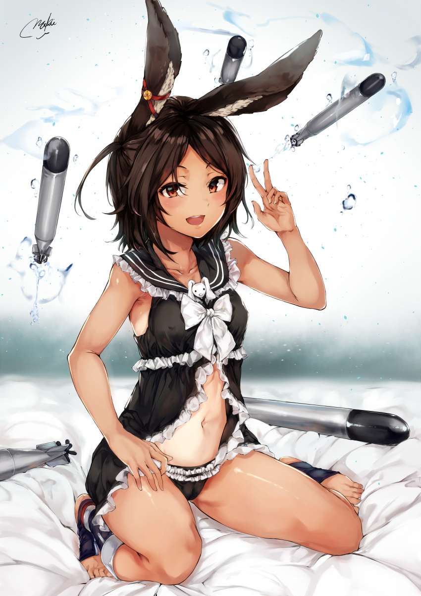 1girl absurdres animal_ears azur_lane bangs bed_sheet black_panties blush breasts brown_eyes brown_hair bubble commentary_request erect_nipples full_body hand_up highres i-26_(azur_lane) looking_at_viewer maki_(maki_pei) open_mouth panties short_hair sitting small_breasts solo tan tanline toeless_legwear torpedo underwear