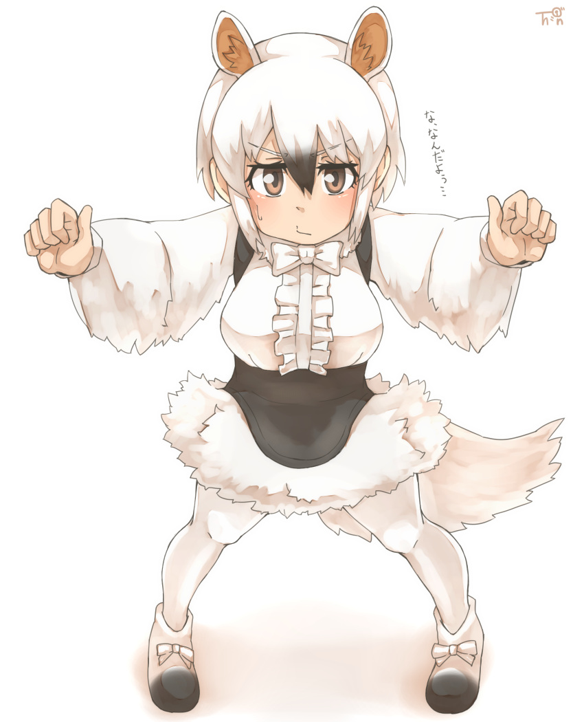 1girl :/ animal_ears artist_logo black_hair bow bow_footwear bowtie brown_eyes closed_mouth commentary_request extra_ears eyebrows_visible_through_hair frills full_body hair_between_eyes hands_up highres kemono_friends long_sleeves looking_at_viewer multicolored_hair outstretched_arms pantyhose paw_pose shirt shoes short_hair sidelocks simple_background skirt solo southern_tamandua_(kemono_friends) spread_arms standing sweatdrop tail tamandua_ears thin_(suzuneya) translated v-shaped_eyebrows white_background white_hair white_legwear white_shirt white_skirt