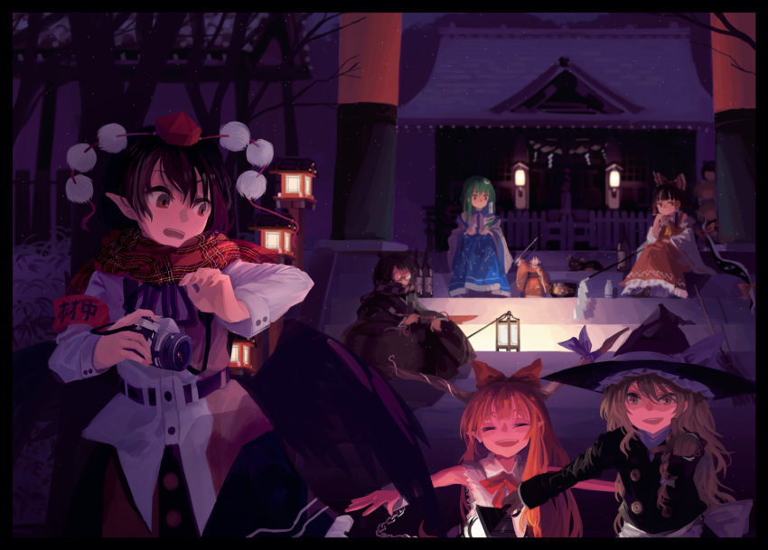 6+girls akaiha_(akaihasugk) animal_ears apron arm_up armband bare_tree bird_wings black_hair black_skirt blonde_hair blue_hair blue_skirt bottle bow bowl braid broom brown_gloves camera cat chains closed_eyes coat commentary_request cowboy_shot cravat cuffs cup detached_sleeves elbow_rest feathered_wings frog_hair_ornament futatsuiwa_mamizou gap glasses gloves gohei green_hair hair_between_eyes hair_bow hair_ornament hair_tubes hand_on_own_chin hands_on_own_knees hat head_rest highres horn_ribbon horns ibuki_suika japanese_clothes kaenbyou_rin kaenbyou_rin_(cat) kimono kirisame_marisa kiseru kochiya_sanae lantern letterboxed long_hair long_sleeves looking_at_another looking_down looking_to_the_side minigirl multiple_girls needle night opaque_glasses open_mouth orange_hair outdoors pipe plaid plaid_scarf pointing pointy_ears raccoon_ears ribbon rope sakazuki scarf shackles shameimaru_aya shide shimenawa shirt short_hair shrine single_braid sitting skirt sleeveless sleeveless_shirt snake_hair_ornament standing sukuna_shinmyoumaru tokin_hat touhou tree untucked_shirt upper_body upper_teeth very_long_hair waist_apron white_shirt wings witch_hat yellow_eyes