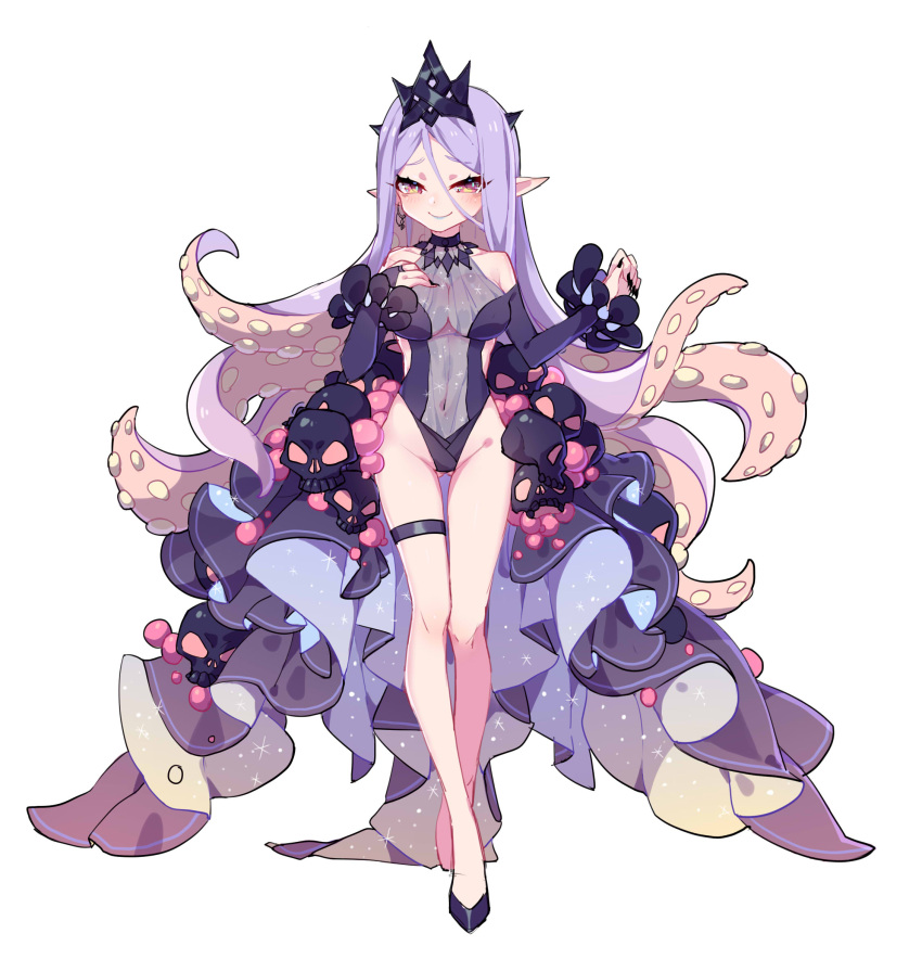 1girl black_nails breasts brown_eyes covered_navel crown detached_sleeves full_body highres ibex long_hair looking_at_viewer medium_breasts nail_polish original pointy_ears purple_hair purple_lips smile solo standing tentacle_hair thigh_strap white_background