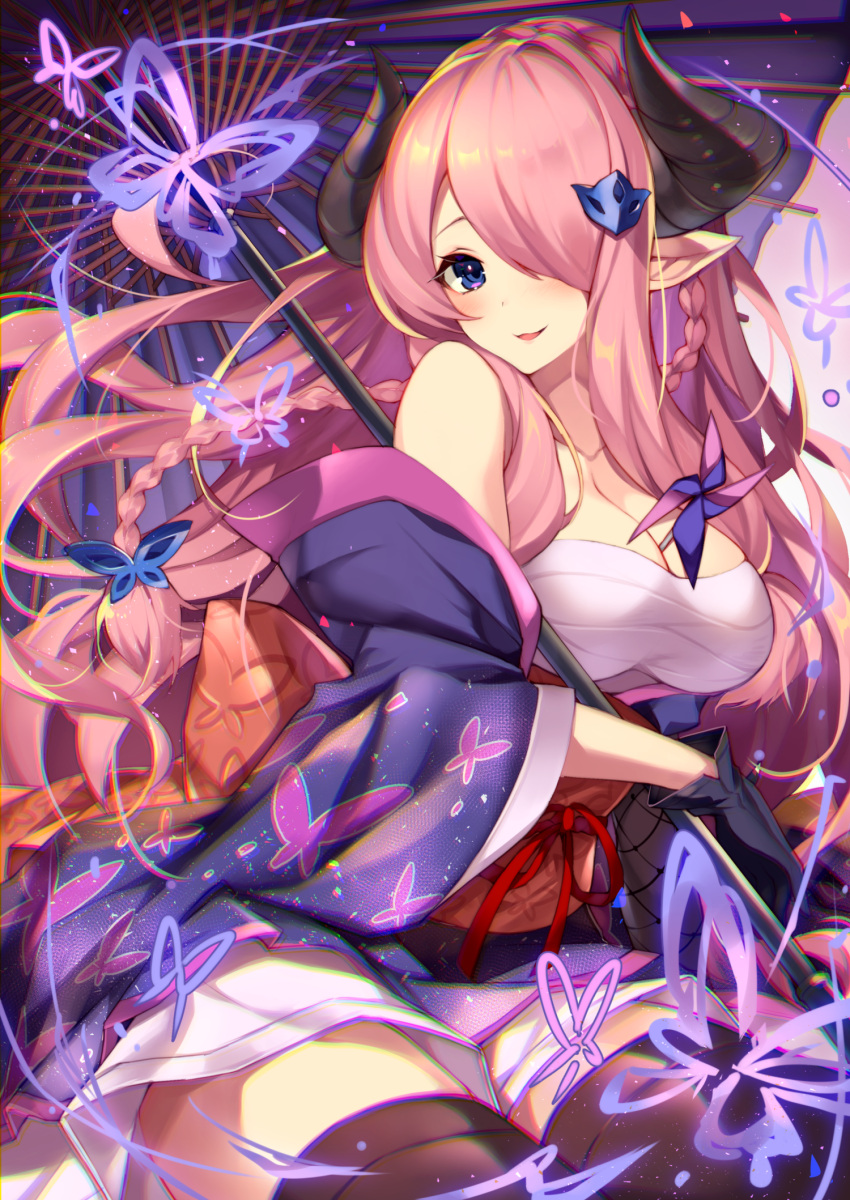 1girl animal_print black_gloves black_legwear blue_eyes blush braid breasts bug butterfly butterfly_print draph gloves granblue_fantasy hair_ornament hair_over_one_eye highres homaderi horns insect japanese_clothes kimono large_breasts long_hair looking_at_viewer narmaya_(granblue_fantasy) obi off_shoulder oriental_umbrella parted_lips pink_hair pointy_ears sarashi sash sitting smile solo thigh-highs umbrella very_long_hair