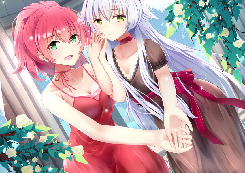 2girls altina_orion bare_shoulders black_dress breasts cleavage collarbone cowboy_shot dress dutch_angle eiyuu_densetsu flower green_eyes hair_flaps hand_holding hisa09 juna_crawford long_hair looking_at_viewer medium_breasts multiple_girls neck_ribbon open_mouth pillar pink_hair plant ponytail red_dress ribbon sen_no_kiseki silver_hair sleeveless yuri