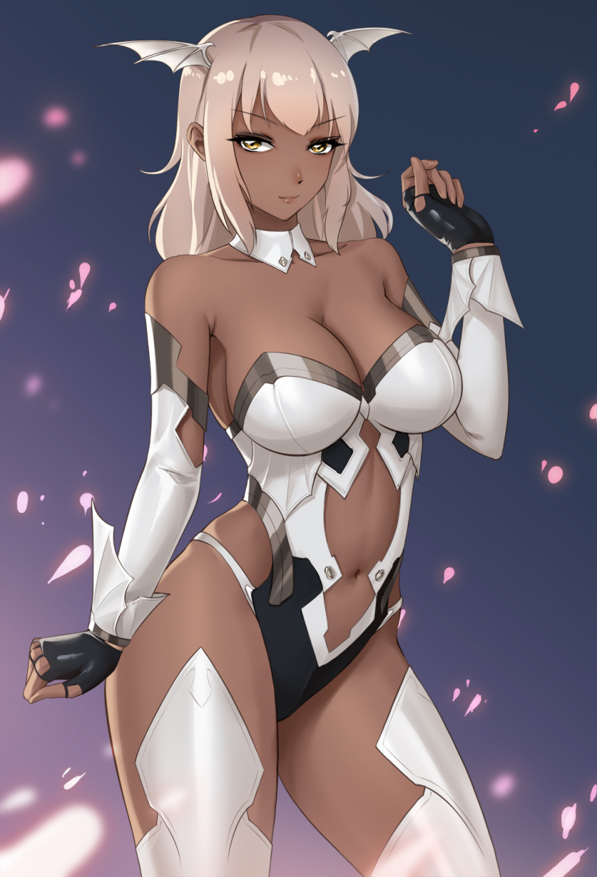 1girl bangs bare_shoulders black_gloves breasts cleavage collarbone contrapposto cowboy_shot dark_skin detached_collar detached_sleeves fingerless_gloves gloves head_wings highres large_breasts leotard light_smile looking_at_viewer medium_hair navel navel_cutout obaoba_(monkeyix) original solo strapless strapless_leotard thigh-highs white_hair yellow_eyes