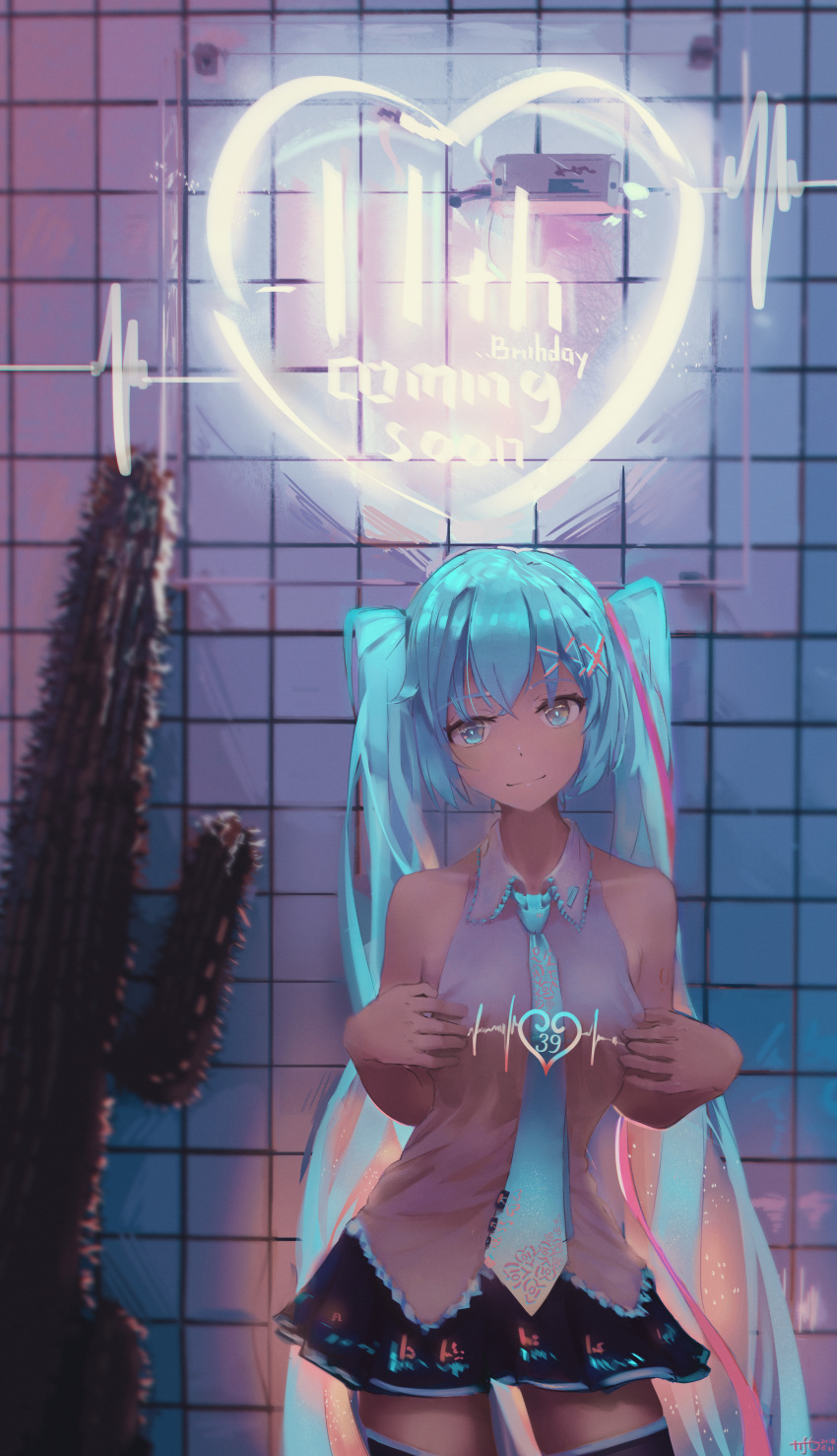 1girl absurdres aqua_eyes aqua_hair aqua_neckwear bare_arms bare_shoulders black_legwear cactus closed_mouth detached_sleeves eyebrows_visible_through_hair glowing hair_ornament hairclip hands_on_own_chest hatsune_miku heart highres long_hair looking_at_viewer necktie neon_lights print_neckwear pulled_by_self skirt sleeveless smile solo thigh-highs tifg39 tile_wall tiles twintails very_long_hair vocaloid x_hair_ornament