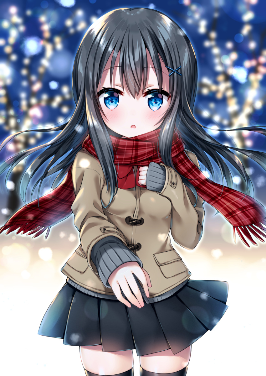 1girl bangs black_hair black_legwear black_skirt blue_eyes blurry blurry_background blush breasts brown_jacket commentary_request depth_of_field eyebrows_visible_through_hair fringe_trim grey_sweater hair_between_eyes hair_ornament hand_up highres jacket long_hair long_sleeves looking_at_viewer original parted_lips plaid plaid_scarf pleated_skirt red_scarf scarf school_uniform skindentation skirt sleeves_past_wrists small_breasts solo sweater thigh-highs uchuuneko very_long_hair x_hair_ornament