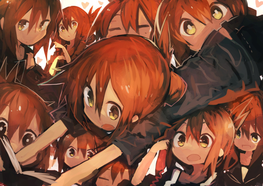 6+girls :&lt; absurdres alternate_costume bangs black_pants black_shirt book brown_eyes brown_hair closed_eyes commentary folded_ponytail hair_between_eyes heart highres holding inazuma_(kantai_collection) kaamin_(mariarose753) kantai_collection looking_at_viewer lying multiple_girls on_stomach open_mouth pants phone sailor_collar shirt smile too_many white_background