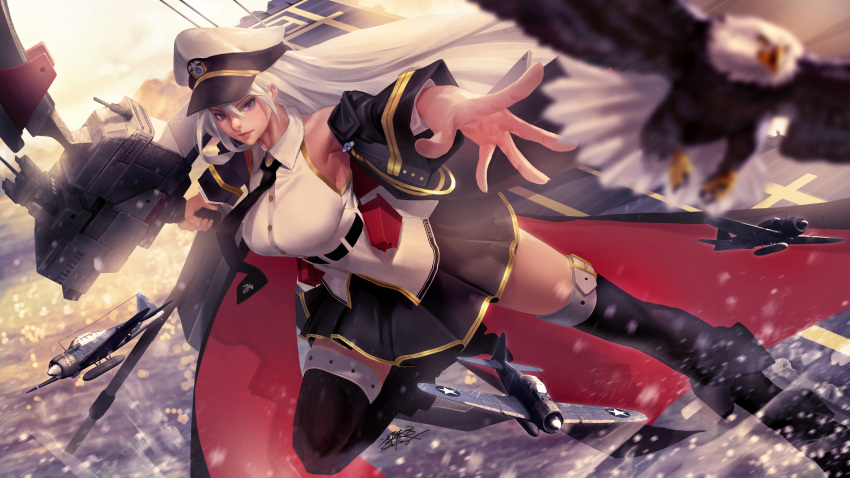 1girl absurdres aircraft azur_lane bangs bird black_legwear black_skirt bow_(weapon) breasts commentary_request eagle enterprise_(azur_lane) hair_between_eyes hat highres jacket large_breasts long_hair looking_at_viewer md5_mismatch miniskirt necktie ocean peaked_cap pleated_skirt santa_fung shirt silver_hair skirt sleeveless smile solo thigh-highs very_long_hair violet_eyes weapon