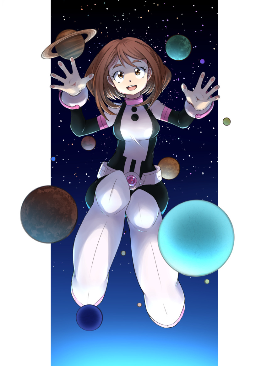 1girl :d benioto_(souko213) black_bodysuit bodysuit boku_no_hero_academia border breasts brown_eyes brown_hair gloves hands_up highres large_breasts looking_at_viewer neptune_(planet) open_mouth pink_bodysuit pink_footwear pink_gloves planet saturn short_hair skin_tight smile solo space uraraka_ochako white_border