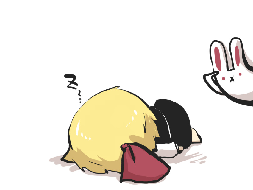 1girl :x artist_self-insert blonde_hair chibi comic commentary_request goma_(gomasamune) hair_ribbon hand_up highres long_sleeves lying on_ground on_stomach rabbit red_eyes ribbon rumia salute shadow skirt sleeping touhou vest