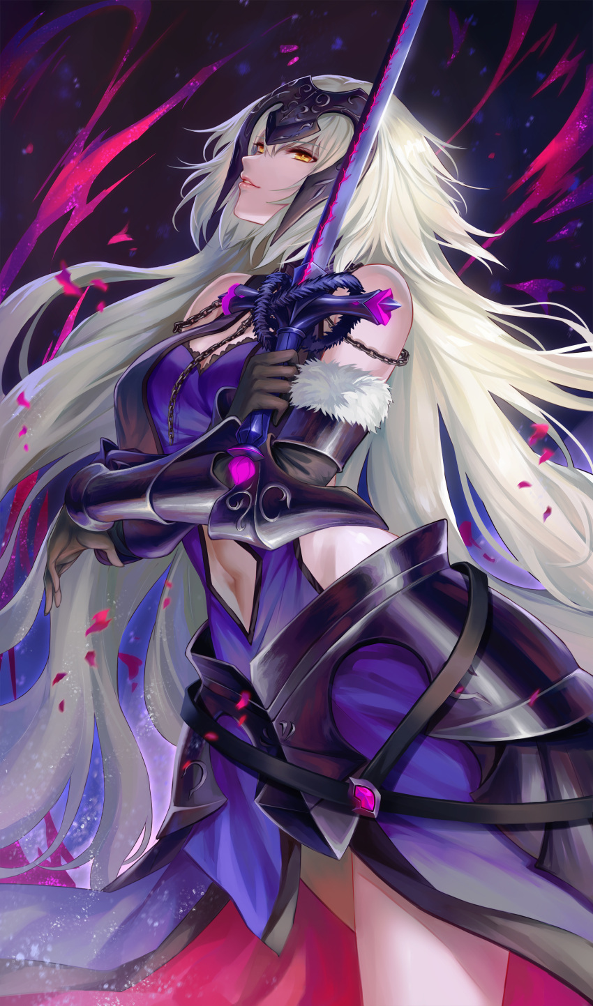 1girl absurdres armor armored_dress black_dress black_gloves breasts cowboy_shot dress eyebrows_visible_through_hair fate/grand_order fate_(series) fur_trim gauntlets gloves headpiece highres jeanne_d'arc_(alter)_(fate) jeanne_d'arc_(fate)_(all) large_breasts looking_at_viewer pengnangehao silver_hair solo sword weapon yellow_eyes