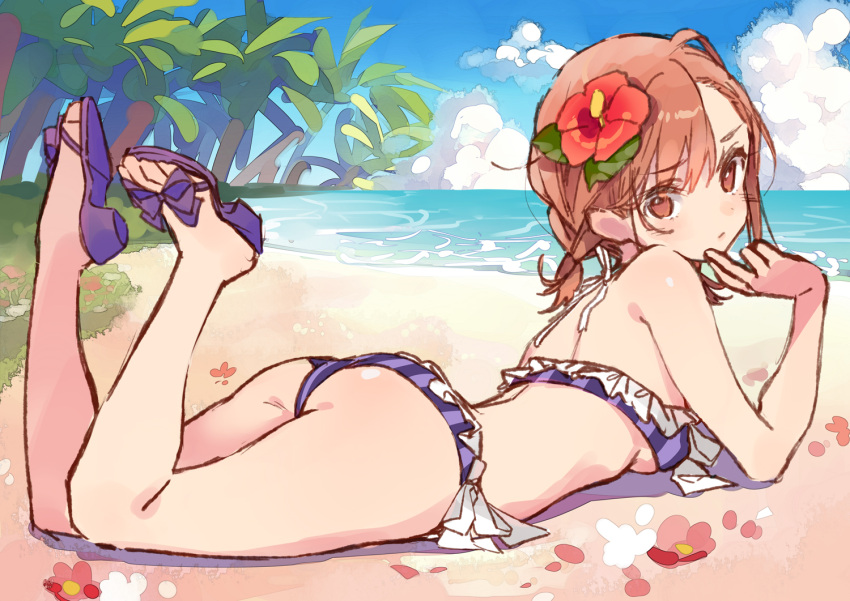 1girl alternate_hairstyle ass bandeau bare_legs beach bikini breasts brown_eyes brown_hair day dsmile flower frilled_bikini frills from_side hair_flower hair_ornament looking_at_viewer low_twintails lying misaka_mikoto on_stomach outdoors petals purple_bikini sandals short_twintails side-tie_bikini sideboob sketch small_breasts solo striped swimsuit to_aru_majutsu_no_index twintails vertical-striped_bikini vertical_stripes