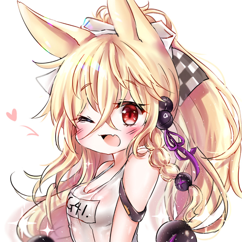 1girl animal_ears armband bare_shoulders blonde_hair blush bow braid breasts cat_ears checkered checkered_bow commentary_request eyebrows_visible_through_hair fang g41_(girls_frontline) girls_frontline hair_between_eyes hair_bobbles hair_bow hair_ornament highres honyang korean_commentary long_hair looking_at_viewer low-tied_long_hair low_twintails name_tag one_eye_closed open_mouth portrait purple_ribbon red_eyes ribbon school_swimsuit simple_background single_braid small_breasts smile solo sparkle swimsuit twintails white_background white_school_swimsuit white_swimsuit