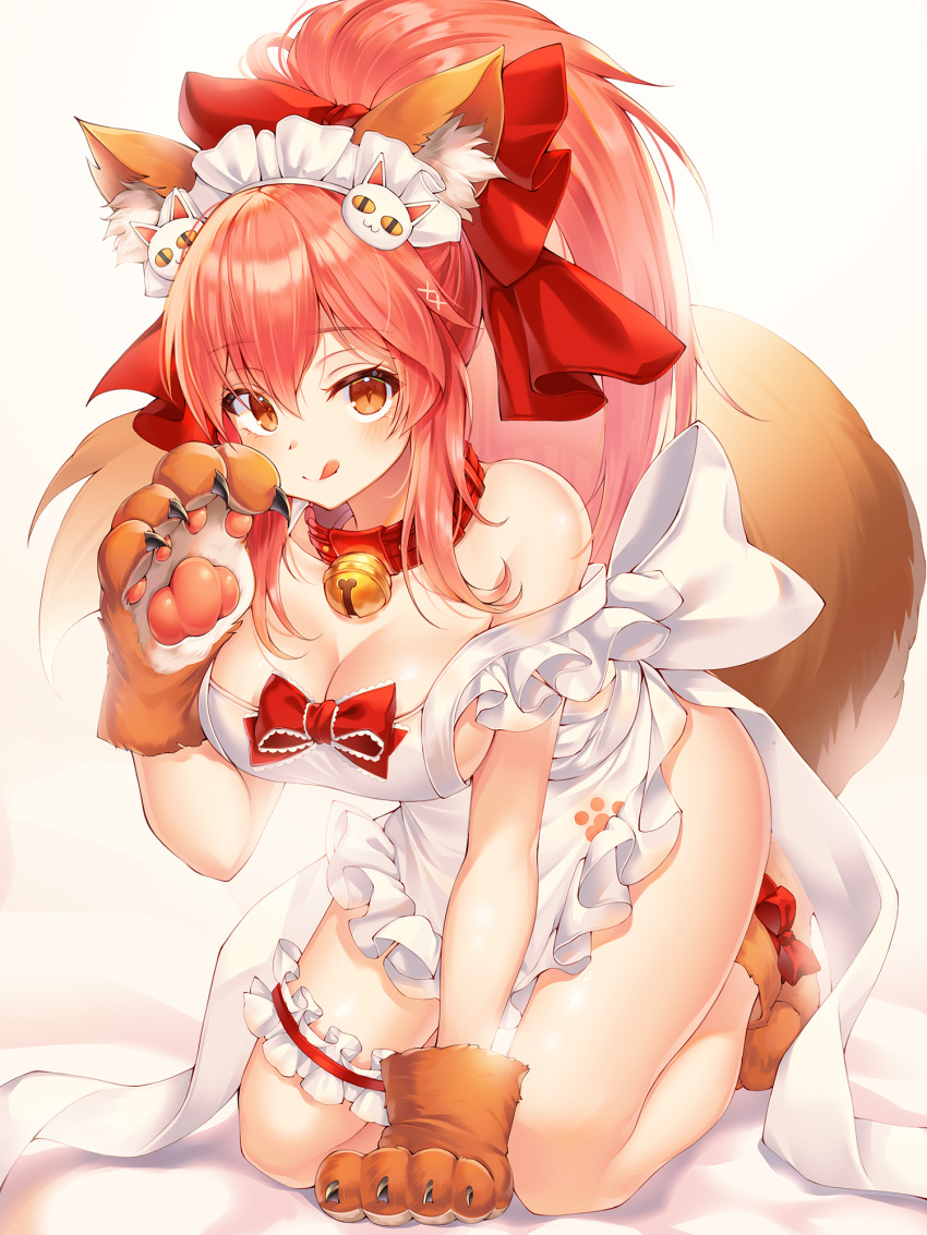 1girl animal_ear_fluff animal_ears apron bell bell_collar bow breasts cat_hair_ornament cat_paws collar eyebrows_visible_through_hair fate/grand_order fate_(series) fox_ears fox_tail gloves hair_bow hair_ornament highres jingle_bell large_breasts leg_garter looking_at_viewer maid_headdress mellozzo naked_apron orange_eyes paw_gloves paw_shoes paws pink_hair ponytail red_bow shoes solo tail tamamo_(fate)_(all) tamamo_cat_(fate) tongue tongue_out