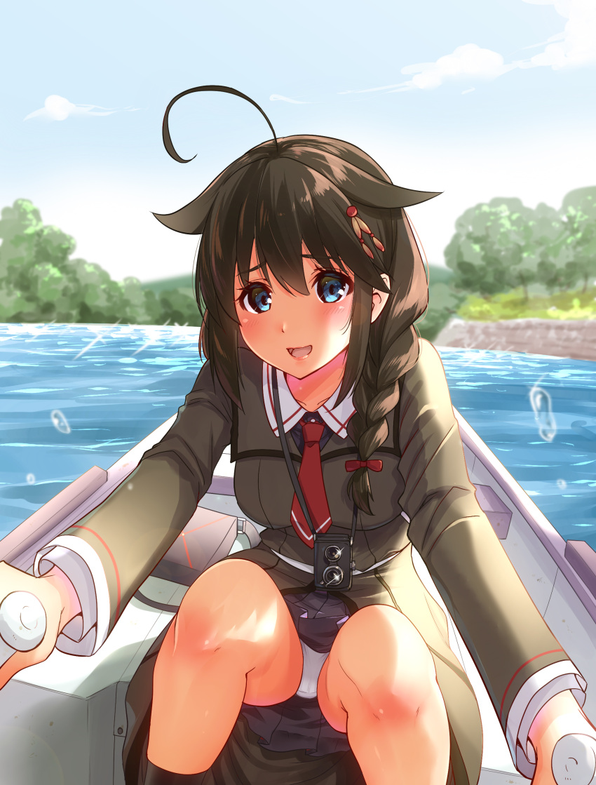 1girl absurdres ahoge bangs blue_eyes blush boat braid breasts brown_hair camera clouds coat commentary_request day eyebrows_visible_through_hair hair_between_eyes hair_flaps hair_ornament hair_over_shoulder hairclip highres holding kantai_collection long_hair looking_at_viewer medium_breasts open_mouth outdoors panties red_neckwear ribbon sarfata shigure_(kantai_collection) single_braid skirt sky smile socks solo tree underwear water watercraft white_panties
