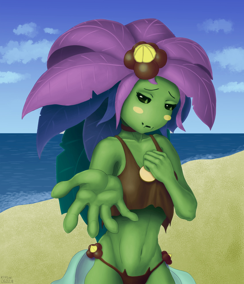 1girl absurdres armpits artist_name beach black_eyes blue_sky blush breasts brown_panties clouds cloudy_sky collarbone fangs floran green_skin groin hand_on_own_chest highres klifflod leaf looking_to_the_side monster_girl navel ocean open_mouth panties plant_girl plant_hair purple_hair sand shirt sky smile solo starbound underwear
