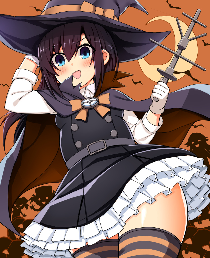 4girls absurdres adapted_costume arashio_(kantai_collection) asashio_(kantai_collection) bat belt blue_eyes blush cape collared_shirt crescent_moon double_bun dress dress_shirt eyebrows_visible_through_hair frilled_dress frills gloves hair_between_eyes halloween halloween_costume happy_halloween hat highres jack-o'-lantern kantai_collection long_hair long_sleeves looking_at_viewer michishio_(kantai_collection) moon multiple_girls ooshio_(kantai_collection) open_mouth orange_neckwear orange_ribbon orange_sky pinafore_dress remodel_(kantai_collection) ribbon richou_(zerozero1101) school_uniform shirt short_sleeves short_twintails silhouette sky smile staff striped striped_legwear thigh-highs thighs trick_or_treat twintails white_gloves white_shirt witch