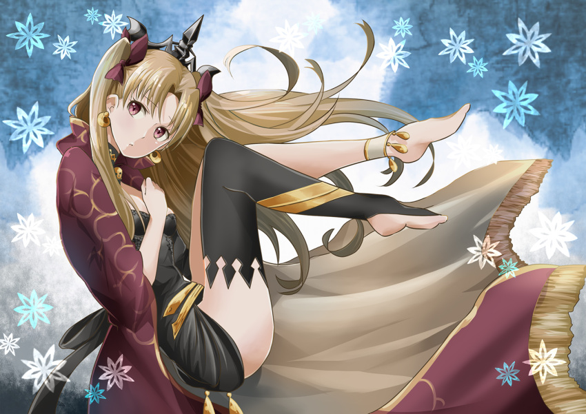 1girl anklet asymmetrical_legwear black_dress black_legwear blonde_hair bow breasts cape diadem dress earrings ereshkigal_(fate/grand_order) eyebrows_visible_through_hair fate/grand_order fate_(series) floating_hair from_side hair_bow head_tilt jewelry long_hair looking_at_viewer orange-color parted_lips red_bow red_cape red_eyes short_dress single_thighhigh small_breasts solo thigh-highs twintails very_long_hair