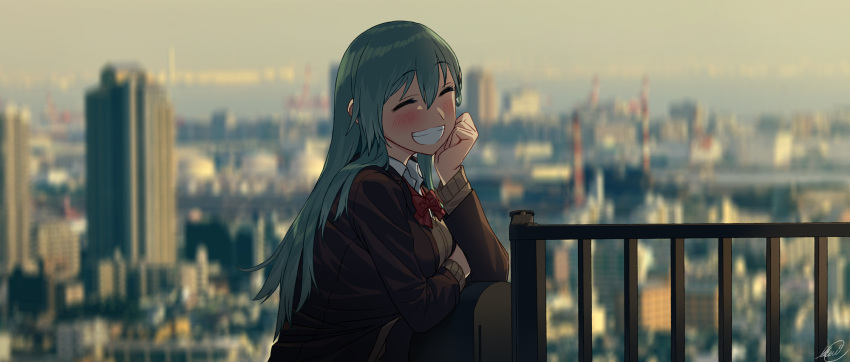 1girl aqua_hair bangs blew_andwhite blurry blurry_background blush bow bowtie breasts brown_cardigan brown_jacket cityscape closed_eyes day elbow_rest facing_viewer grin hair_between_eyes hair_ornament hairclip highres jacket kantai_collection large_breasts long_hair outdoors railing red_neckwear remodel_(kantai_collection) school_uniform shirt sidelocks signature smile solo suzuya_(kantai_collection) vest