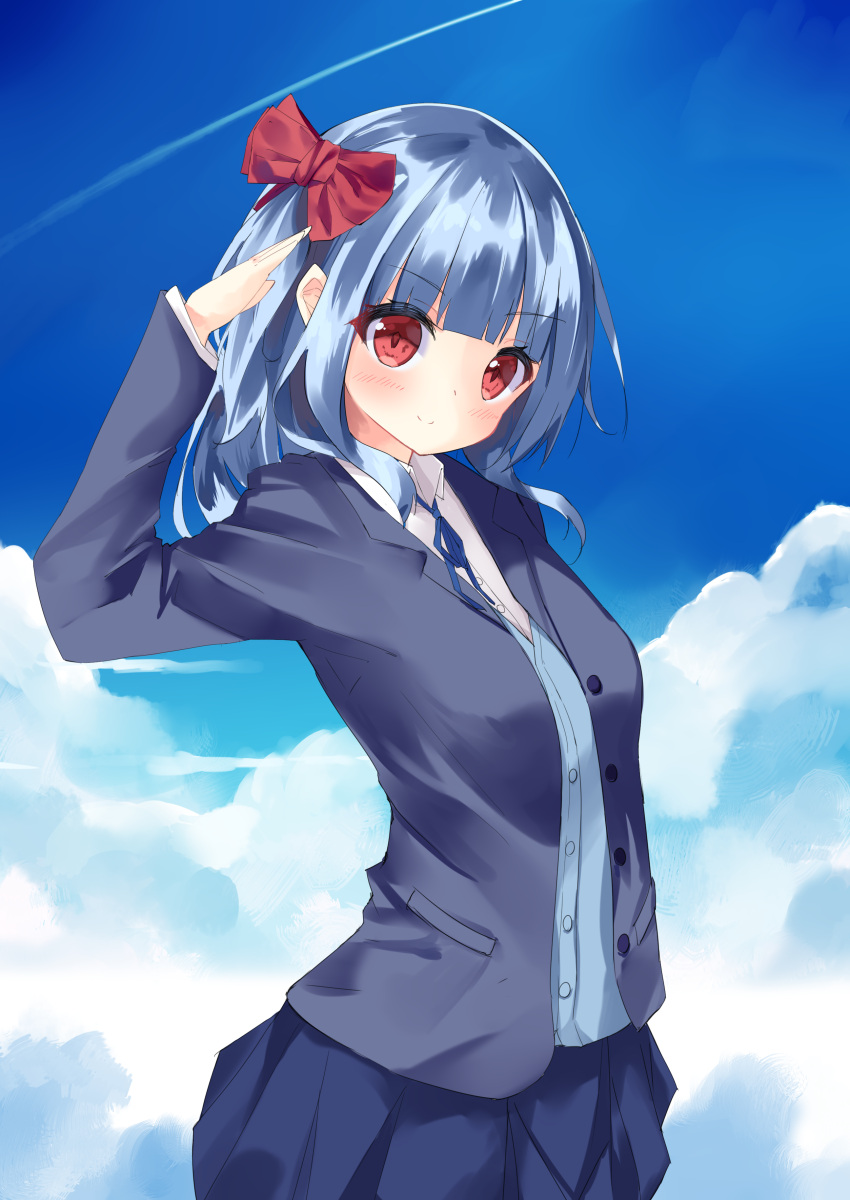 1girl absurdres arm_up blazer blue_cardigan blue_hair blue_jacket blue_ribbon blue_skirt blue_sky blush bow breasts cardigan closed_mouth clouds collared_shirt day dress_shirt hair_bow hamaru_(s5625t) head_tilt highres jacket long_hair neck_ribbon open_blazer open_clothes open_jacket original outdoors pleated_skirt red_bow red_eyes ribbon salute school_uniform shirt skirt sky small_breasts smile solo white_shirt