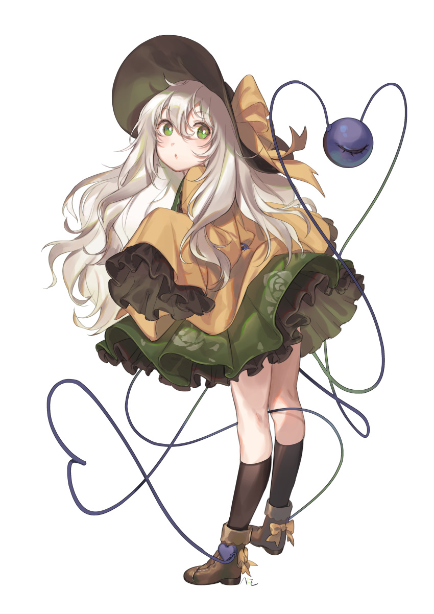 1girl :o absurdres alternate_hair_length alternate_hairstyle bangs black_hat black_legwear boots bow brown_footwear floral_print frilled_skirt frilled_sleeves frills from_side full_body green_eyes green_skirt hair_between_eyes hat hat_bow heart heart_of_string highres kneehighs komeiji_koishi leaning_forward long_hair looking_at_viewer looking_to_the_side miniskirt shan shirt shoe_bow shoes silver_hair simple_background skirt sleeves_past_fingers sleeves_past_wrists solo third_eye touhou white_background yellow_bow yellow_shirt