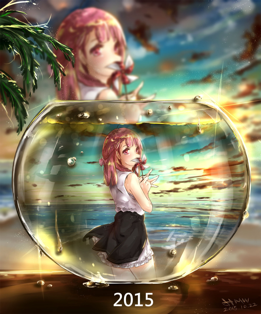 1girl 2015 ahoge artist_name bare_shoulders beach blurry blurry_background bow clouds cloudy_sky commentary_request dated depth_of_field dew_drop diffraction_spikes dress fishbowl frilled_dress frills from_side gradient_sky hair_bow highres hmw_(pixiv7054584) holding light_particles long_hair looking_back ocean original outdoors pinwheel plant red_bow red_eyes redhead reflection refraction sky sleeveless sleeveless_dress solo standing table thighs twilight water water_drop white_dress