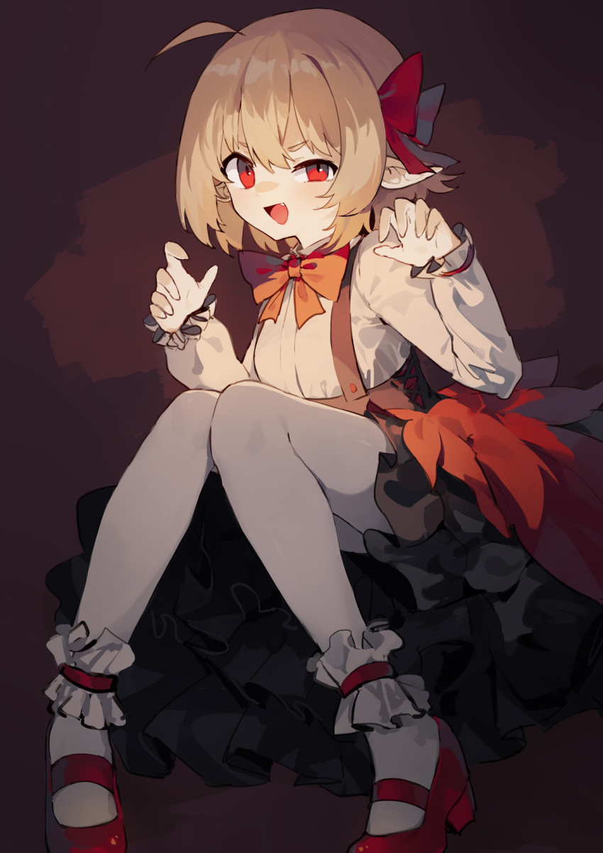 1girl adapted_costume ankle_cuffs autumn_leaves black_background black_skirt blonde_hair fang frilled_skirt frills hair_ribbon high-waist_skirt high_heels highres kneehighs looking_at_viewer mary_janes open_mouth pantyhose pointy_ears red_eyes red_footwear red_ribbon ribbon rumia sh_(562835932) shoes sitting skirt smile socks solo suspender_skirt suspenders touhou uneven_eyes white_legwear