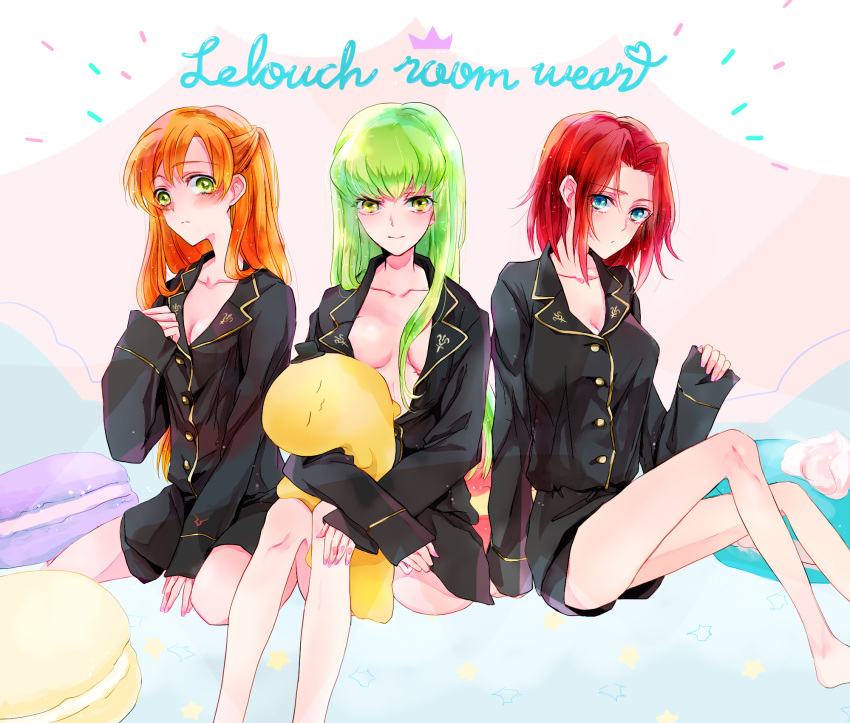 3girls alternate_costume blue_eyes blush breasts c.c. cheese-kun cleavage code_geass eyelashes green_eyes green_hair hair_intakes highres ilohasvio kallen_stadtfeld large_breasts long_hair looking_at_viewer medium_breasts multiple_girls nail_polish no_bra open_clothes open_shirt orange_hair pink_nails redhead shirley_fenette short_hair sitting very_long_hair yellow_eyes