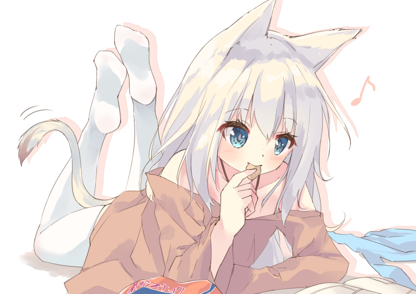 1girl animal_ears bag_of_chips bangs bare_shoulders blue_eyes blush brown_dress cat_ears cat_girl cat_tail chips collarbone dress eating eighth_note eyebrows_visible_through_hair food hair_between_eyes halterneck hamaru_(s5625t) highres holding holding_food legs_up long_hair long_sleeves lying musical_note no_shoes off-shoulder_dress off_shoulder on_stomach original potato_chips reading silver_hair soles solo tail the_pose thigh-highs very_long_hair white_background white_legwear