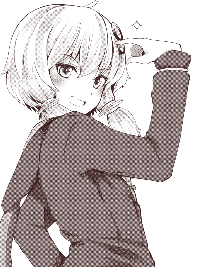 1girl :d ahoge arm_up bangs blush commentary_request eyebrows_visible_through_hair greyscale hair_between_eyes hair_ornament head_tilt highres hood hood_down hooded_jacket jacket long_hair long_sleeves looking_at_viewer looking_to_the_side low_twintails monochrome open_mouth pointing pointing_at_self short_hair_with_long_locks simple_background smile solo sparkle takara_akihito twintails v-shaped_eyebrows vocaloid voiceroid white_background yuzuki_yukari