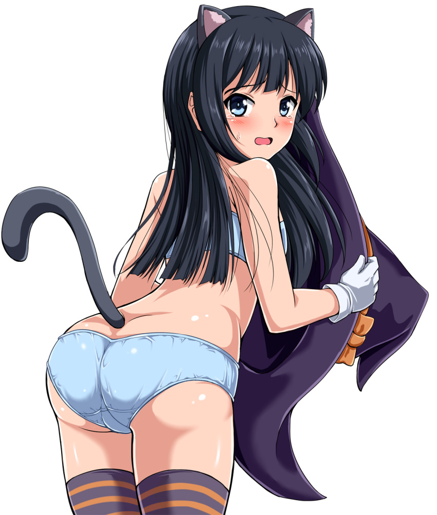 1girl animal_ears asashio_(kantai_collection) ass back black_hair blue_bra blue_eyes blue_panties blush bra cat_ears cat_tail embarrassed gloves halloween halloween_costume hat highres kantai_collection long_hair looking_at_viewer open_mouth panties simple_background solo striped striped_legwear sweatdrop tail tears thigh-highs training_bra underwear white_background white_gloves witch_hat zanntetu