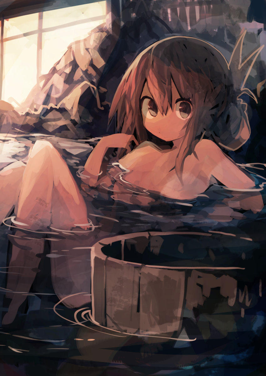 1girl absurdres bangs bathing breasts brown_eyes brown_hair bucket commentary folded_ponytail hair_between_eyes hand_on_own_shoulder highres inazuma_(kantai_collection) kaamin_(mariarose753) kantai_collection looking_at_viewer night onsen outdoors partially_submerged sitting small_breasts solo water