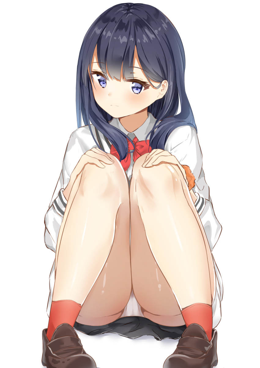 1girl bangs black_hair black_skirt blue_eyes blush bow bowtie brown_footwear cardigan closed_mouth collared_shirt commentary_request eyebrows_visible_through_hair hair_between_eyes hands_on_own_knees highres hikashou loafers long_hair long_sleeves orange_scrunchie panties red_legwear red_neckwear scrunchie shirt shoes simple_background sitting skirt socks solo ssss.gridman takarada_rikka underwear white_background white_cardigan white_panties white_shirt wrist_scrunchie