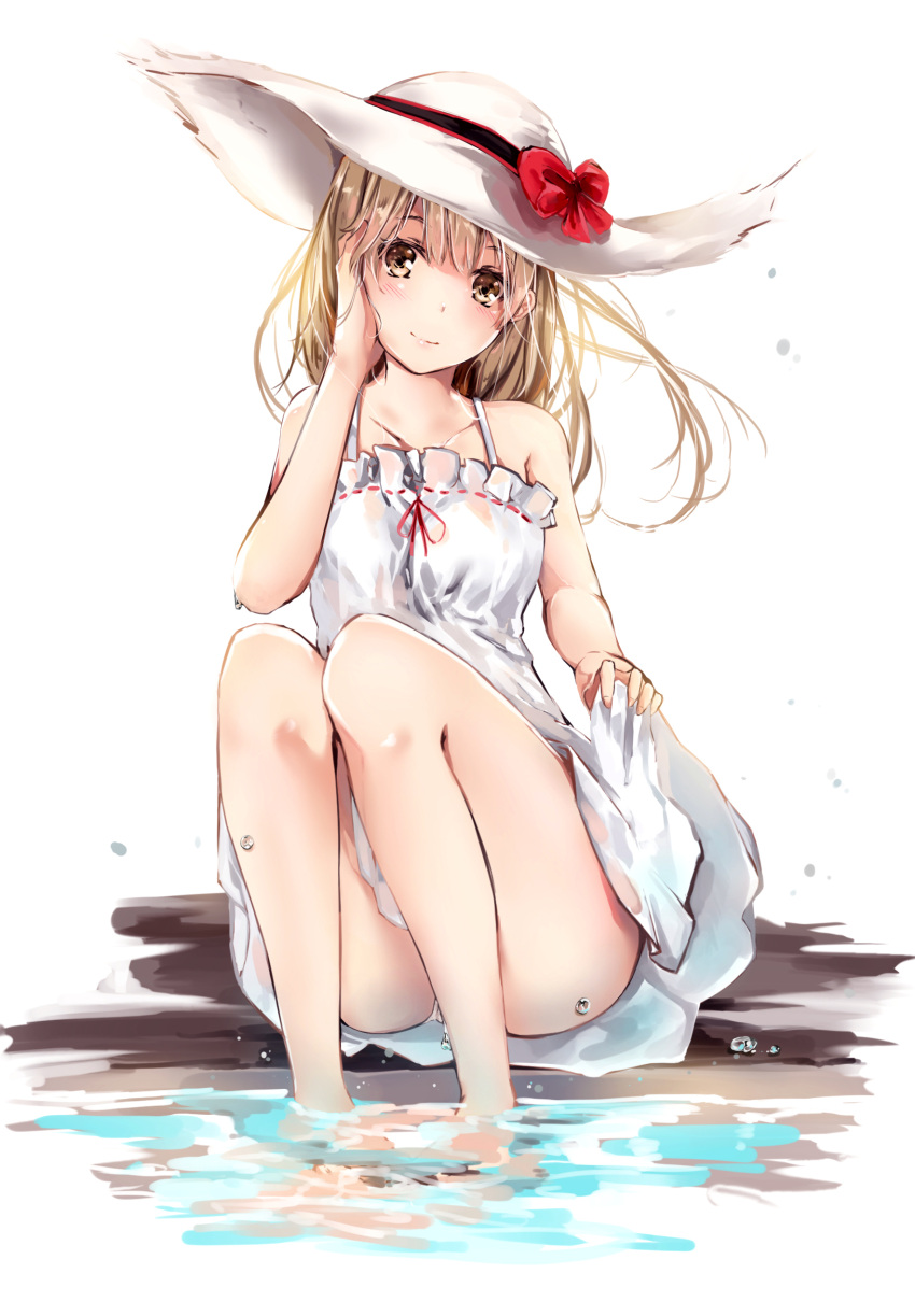 1girl absurdres ass bangs bare_arms bare_legs bare_shoulders blush brown_eyes brown_hair closed_mouth collarbone commentary_request dress frilled_dress frills hand_on_own_cheek hand_up hat head_tilt highres hmw_(pixiv7054584) knees_together_feet_apart knees_up looking_at_viewer original panties red_ribbon ribbon simple_background sitting skirt_hold sleeveless sleeveless_dress smile solo sun_hat sundress thighs underwear wading water white_background white_dress white_hat white_panties