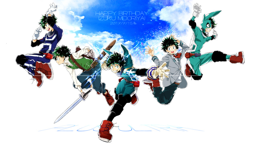 1boy blue_pants blush boku_no_hero_academia boots character_name clenched_hand dandel freckles gloves green_eyes green_hair green_vest grey_vest happy_birthday highres hood hood_down jumping mask midoriya_izuku multiple_persona pants scabbard sheath shirt sword torn u.a._gym_uniform u.a._school_uniform vest weapon white_gloves white_shirt