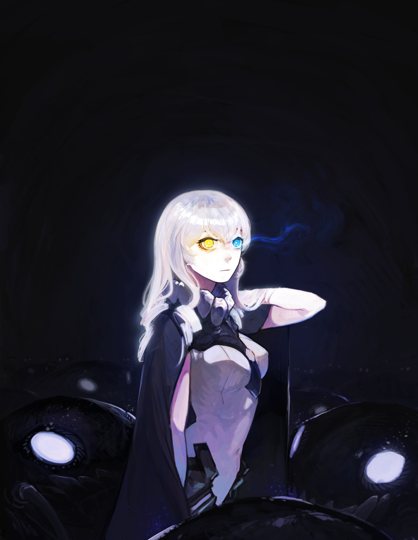 1girl absurdres black_cape blue_eyes bodysuit breasts cape glowing glowing_eye hat hat_removed headwear_removed heterochromia highres huqu kantai_collection long_hair looking_at_viewer medium_breasts pale_skin shinkaisei-kan solo white_hair wo-class_aircraft_carrier yellow_eyes