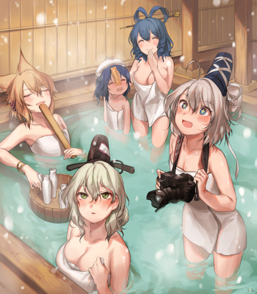+_+ 5girls :d ^_^ absurdres ahoge bangs bare_arms bare_shoulders blonde_hair blue_eyes blue_hair blush bracelet breasts bucket camera cleavage closed_eyes closed_eyes collarbone commentary drill_hair drill_locks earmuffs eyebrows_visible_through_hair fang green_eyes green_hair hair_between_eyes hair_ornament hair_stick hand_to_own_mouth hand_up hat highres holding holding_camera jewelry kaku_seiga large_breasts looking_up medium_breasts miyako_yoshika mononobe_no_futo multiple_girls naked_towel nose_blush ofuda onsen open_mouth parted_lips partially_submerged pointy_hair ritual_baton shan short_hair smile snowing soga_no_tojiko tate_eboshi thighs tokkuri touhou towel towel_on_head toyosatomimi_no_miko wading