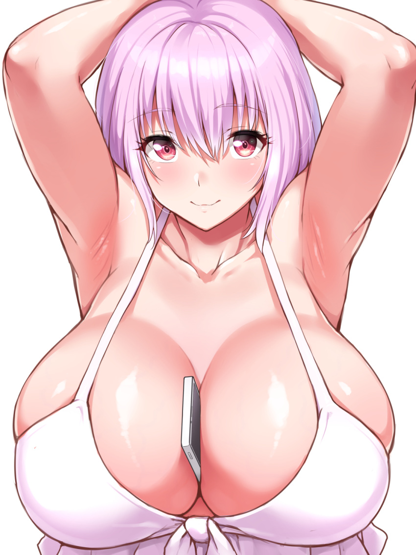 1girl armpits arms_up between_breasts bikini breasts cellphone cleavage collarbone commentary_request highres large_breasts looking_at_viewer phone ponchi purple_hair red_eyes shinjou_akane short_hair simple_background smartphone smile solo ssss.gridman swimsuit white_background white_bikini