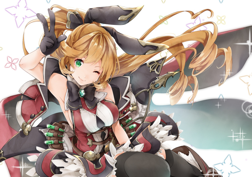 akatsuki_hijiri bare_shoulders black_gloves black_legwear bow bowtie breasts buttons clarisse_(granblue_fantasy) closed_mouth commentary dress frilled_dress frills gem gloves granblue_fantasy green_eyes half_gloves long_hair multicolored multicolored_clothes multicolored_dress one_eye_closed orange_hair ponytail sideboob simple_background sleeveless sleeveless_dress sparkle test_tube thigh-highs