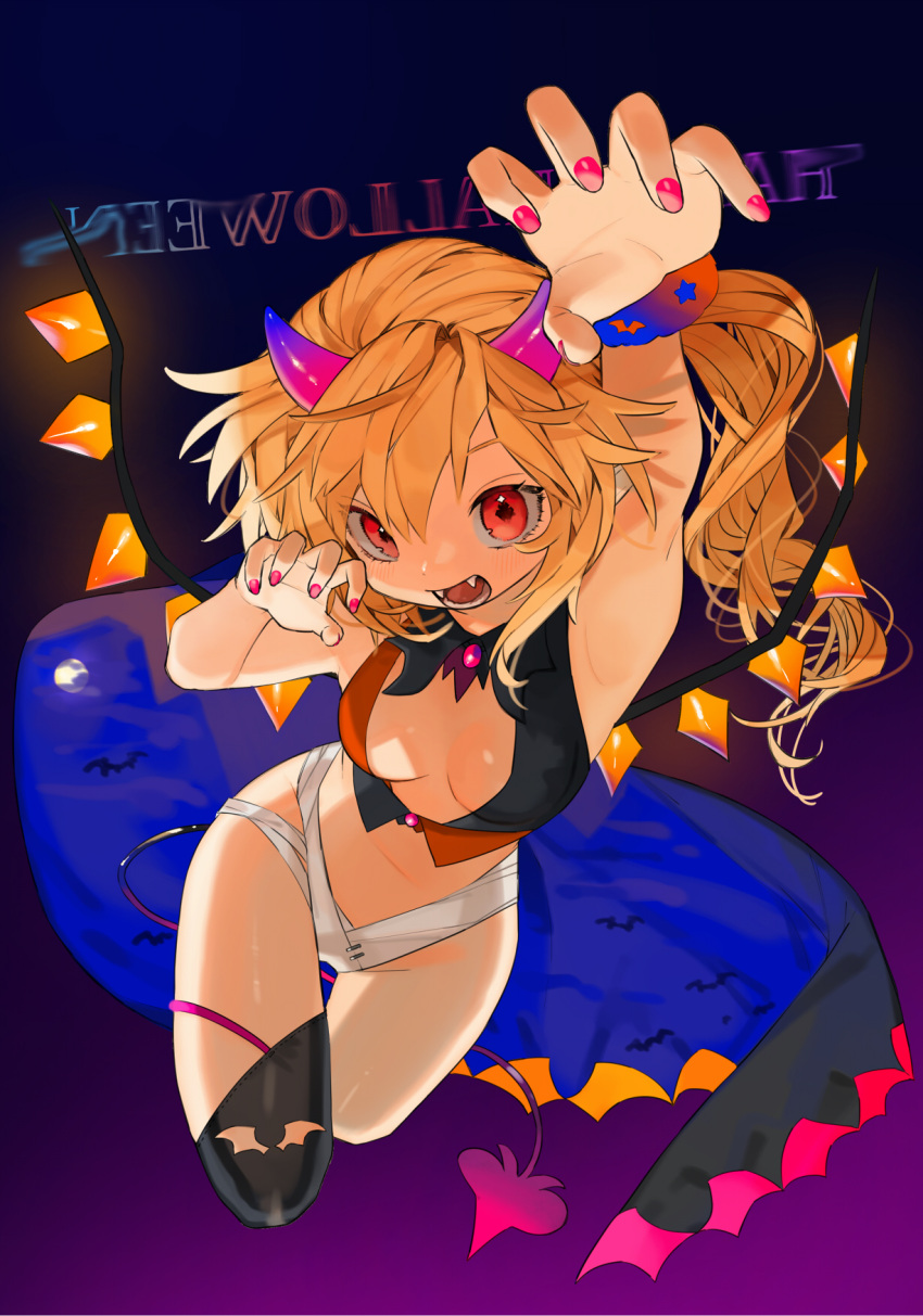 1girl alternate_costume arm_up armpits bandage bangs bare_arms bare_shoulders black_border black_legwear black_vest blue_background border breasts claw_pose fake_horns fangs flandre_scarlet gotoh510 gradient gradient_background hair_between_eyes halloween hand_up highres horns long_hair looking_at_viewer medium_breasts multicolored multicolored_clothes nail_polish navel one_side_up pink_nails pointy_ears purple_background red_eyes red_vest single_thighhigh solo stomach thigh-highs thighs touhou vest wings