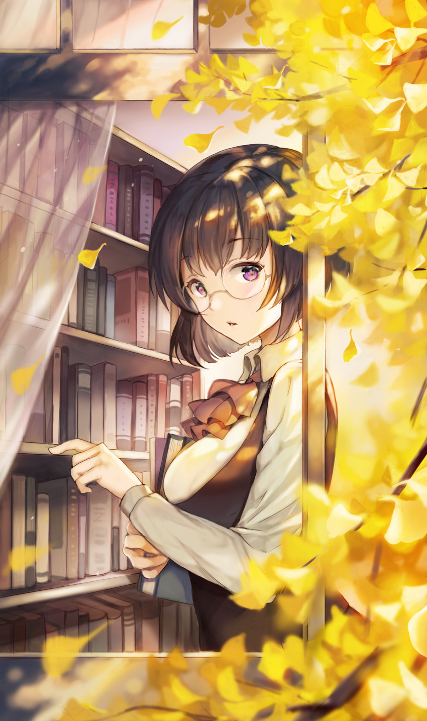 1girl :o black_hair book bookshelf eyebrows_visible_through_hair from_side ginkgo_leaf glasses highres holding holding_book indoors looking_at_viewer original pale_skin short_hair sibyl solo violet_eyes