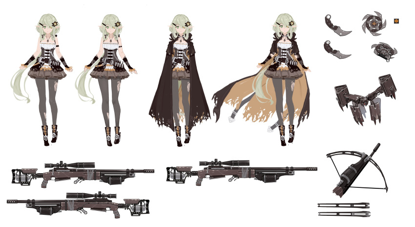 1girl absurdres alternate_costume belt boots cape commentary dagger drone full_body girls_frontline green_hair gun highres jewelry looking_at_viewer necklace pantyhose pointy_ears rifle sleeveless sniper_rifle tac-50_(girls_frontline) terras torn_clothes torn_legwear weapon white_background