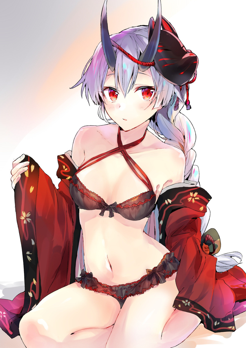 1girl absurdres bangs bare_shoulders black_bra black_panties blush bow bow_bra bow_panties bra braid collarbone commentary_request criss-cross_halter eyebrows_visible_through_hair fate/grand_order fate_(series) fingernails fox_mask hair_between_eyes halterneck hand_up highres horns japanese_clothes kimono long_hair long_sleeves mask mask_on_head navel off_shoulder oni oni_horns panties parted_lips pinching_sleeves red_eyes red_kimono sidelocks silver_hair single_braid sleeves_past_wrists solo tomoe_gozen_(fate/grand_order) tomozero underwear very_long_hair wide_sleeves