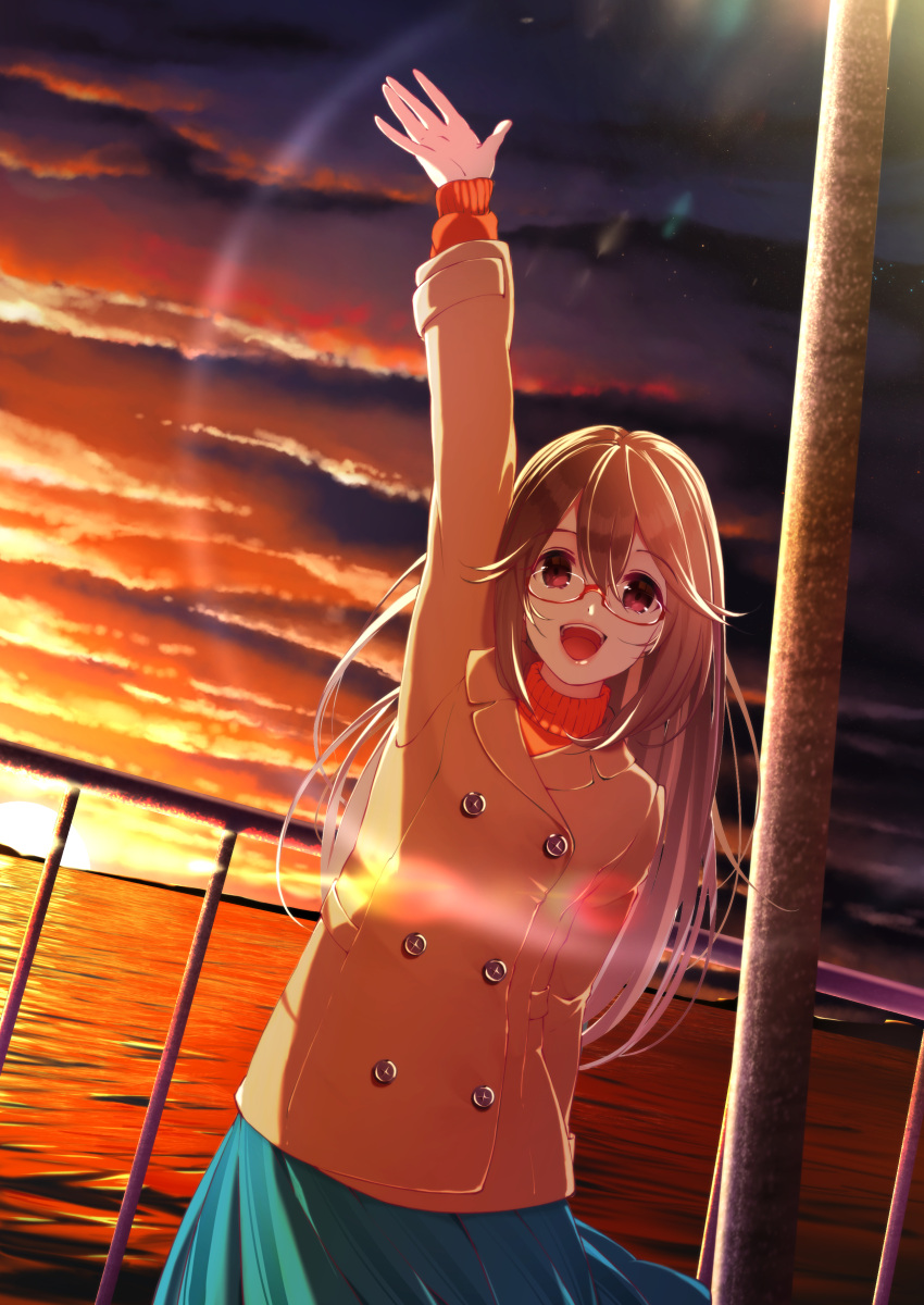 1girl :d absurdres arm_up bangs blue_skirt blush brown_coat brown_hair clouds cloudy_sky coat commentary_request double-breasted dutch_angle eyebrows_visible_through_hair glasses hair_between_eyes highres horizon long_hair long_sleeves looking_at_viewer ocean open_mouth orange_sweater original outdoors pleated_skirt railing red-framed_eyewear red_eyes semi-rimless_eyewear skirt sky smile solo standing sunset sweater turtleneck turtleneck_sweater under-rim_eyewear very_long_hair water yople_star_man