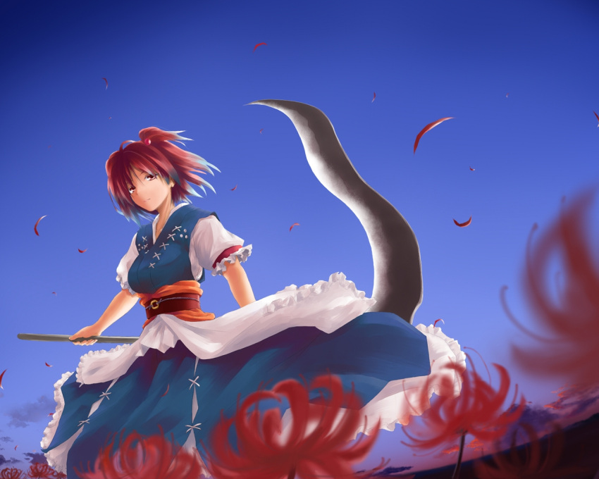 higanbana kinsenka onozuka_komachi petals red_hair redhead scythe short_hair spider_lily touhou