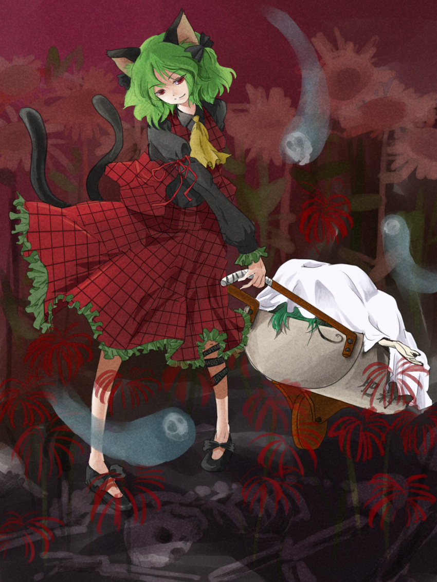 antennae ascot bow cat_ears cat_tail corpse death flower fusion green_hair hair_bow higanbana highres if_they_mated kaenbyou_rin kazami_yuuka momo-i multiple_tails pigeon-toed plaid plaid_skirt plaid_vest red_eyes ribbon ribbons short_hair skirt skirt_set skull solo spider_lily tail touhou wheelbarrow wriggle_nightbug