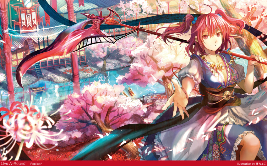 boat cherry_blossoms cleavage east_asian_architecture flower foreshortening fuji_choko hair_bobbles hair_ornament highres jewelry large_breasts light_smile looking_at_viewer necklace onozuka_komachi outstretched_arm outstretched_hand petals pink_eyes pink_hair red_eyes red_hair redhead river scythe short_hair solo spider_lily touhou tree twintails wallpaper water