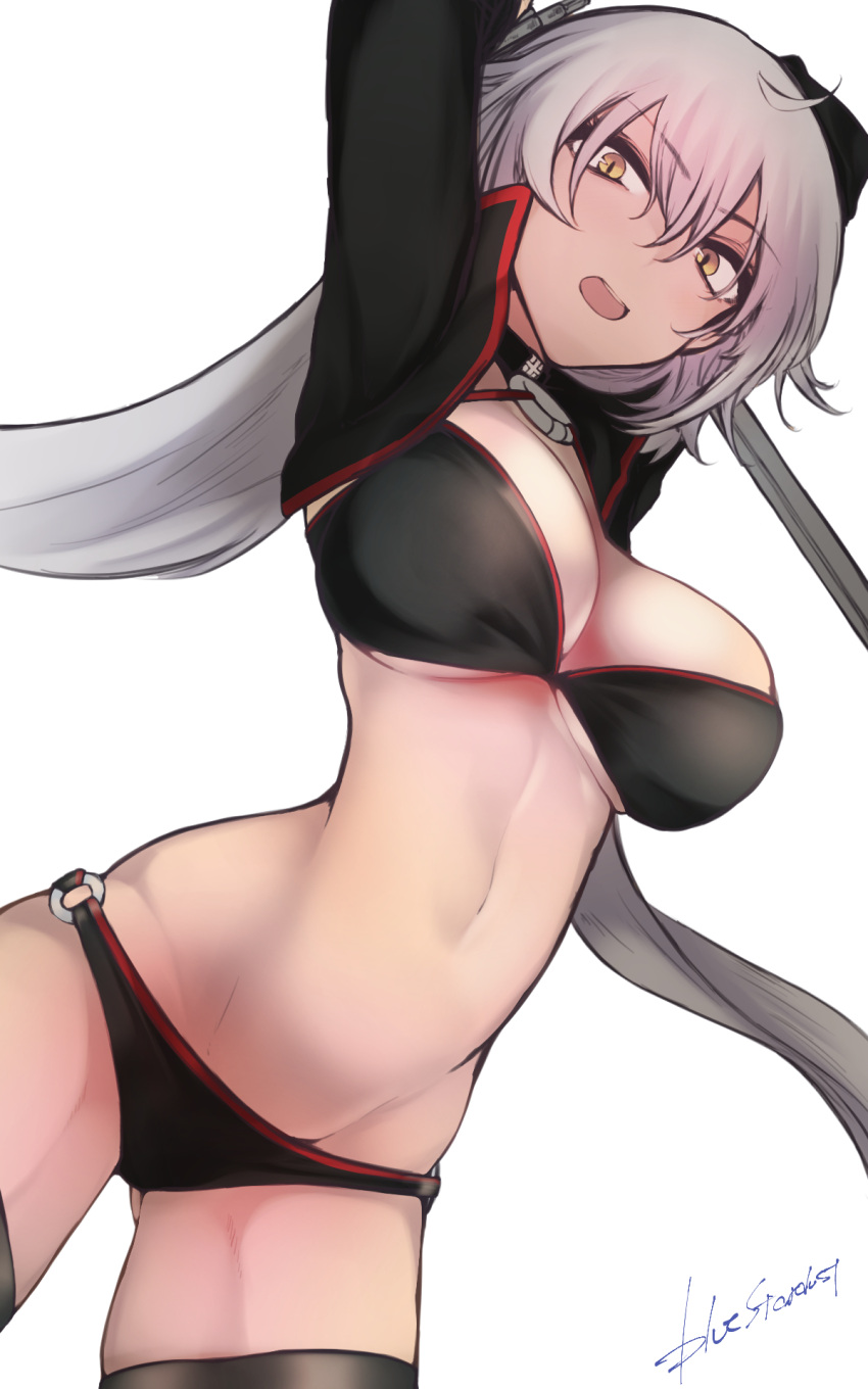 1girl arm_up artist_name ass_visible_through_thighs bikini black_bikini black_legwear breasts cleavage cowboy_shot eyebrows_visible_through_hair fate/grand_order fate_(series) floating_hair groin hair_between_eyes highres jeanne_d'arc_(alter_swimsuit_berserker) jeanne_d'arc_(fate)_(all) kojima_(blue_stardust) large_breasts long_hair looking_at_viewer navel o-ring o-ring_bikini open_mouth silver_hair simple_background slit_pupils solo standing swimsuit thigh-highs twintails under_boob very_long_hair white_background yellow_eyes